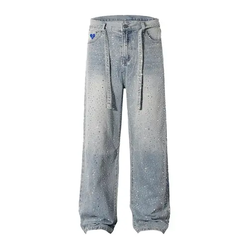 Aelfric Eden Women's High Waisted Rhinestone Crystal Basic Minimalist Cotton Fabric Jeans - 2000s Aesthetic, Casual, Streetwear, Oversized Loose Straight Wide Leg Leg Pants with Pockets