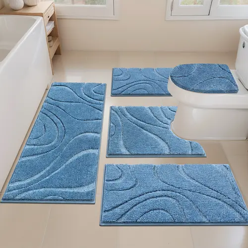 [Deals for You Days] HEBE Washable Bathroom Rugs Sets 5 Piece, Soft Absorbent Microfiber Bath Mat for Bathroom, Non Slip Washable Bath Rug Set with Toilet Cover, Bath Runner and U-Shaped Contour Toilet Rug summerwins