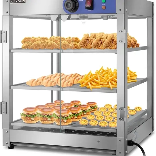 ROVSUN 2/3-Tier Food Warmer, 800W Commercial Food Warmer Display Electric Countertop Food Pizza Warmer with LED Lighting Removable Shelves Glass Door, Pastry Display Case for Buffet Restaurant 110V Chicken Burger Maker