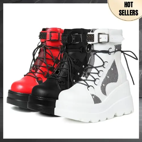 AOSPHIRAYLIAN Women's Faux Leather Platform Ankle Boots - Chunky High Heels, Lace-Up Booties, Goth Grunge Aesthetic, Round Toe, Stacked Wedge, Shoes for Women, Comfortable Heels, Stable Step, Alternative Baddie, Avant Garde Fashion Party Wear