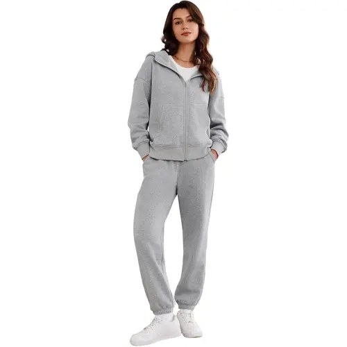 PINSPARK Women's 2-Piece Cozy Fleece Tracksuit Set - Zip-On Hood Hoodie, Drawstring Ankle-Cuff Pockets Pants, 5'4"-5'7" Running Workout Outfit, Back to School 2024 Gym-to-Street Wear