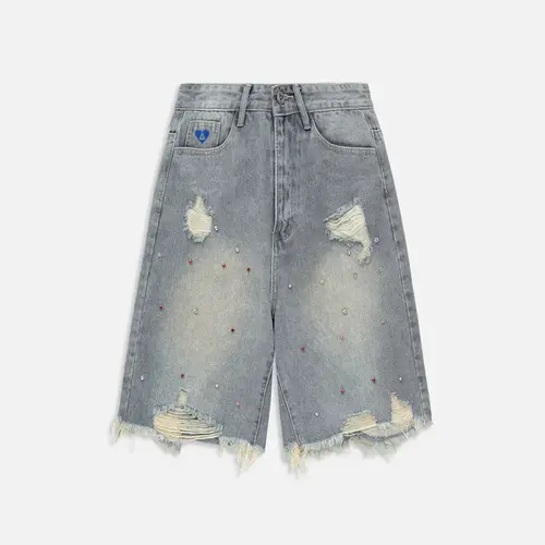Aelfric Eden Women's Y2K Stud Rhinestone Baggy Cotton Denim Jorts - Casual Relaxed Shorts, Streetwear Clothing, Bottom Pocket, Distressed, Glue-Free Shine, Leg-Room Design, Hand/Machine Washable, Summer 2025 Womenswear (Party, Shopping)