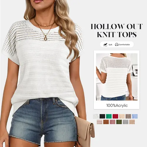 Shewin Women's Hollow Out Knit Sweater, Short Sleeve Crew Neck Pullover, Casual & Minimalist Style, Soft Acrylic Fabric, Summer Wear