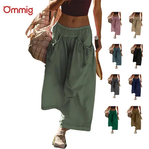 Ommig Lady's Oversize Baggy Wide-Leg Track Capri Pants - Elastic Waist, Drawstring, Pockets - Casual Chic Streetwear for Women Summer Outfits, Vacation Use