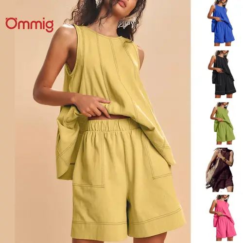 Ommig Womens 2 Piece Outfits Sleeveless Matching Sets A Line Tank Tops Contrast Stitching High Waist Shorts with Pockets,summerwins