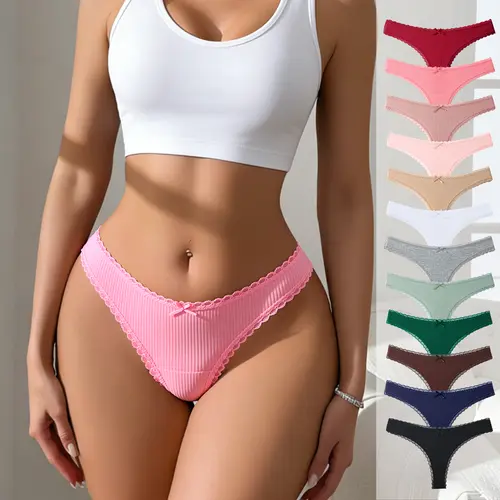 Hotcom Women's Seamless Cotton Thongs Multipack (5-12 Pcs Including 10 Pcs), Soft Breathable Cotton Spandex Panties, Floral Contrast Lace, Seamless Crotch, Everyday Minimal Lingerie (Size M) - Halloween Outfit Essential