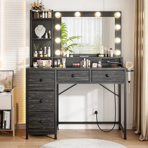 Hollywood Vanity with Mirror and Lights, Makeup Vanity Desk with 5 Fabric Drawers & Power Outlet, 3 Lighting Modes Adjustable Brightness, Bedroom Dressing Table