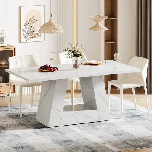 Spaco 63-Inch Contemporary Rectangle Dining Table - 62.99"w x 31.5"d Faux Marble Veneer & Engineered Wood, Sturdy Base, Scratch-Safe Top, Assembly Required, Seats 4-6, Spacious Dining Room Furniture