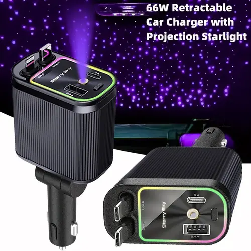 Star Projector Feature Headliner Car Charger 4-in-1  car charger Vehicle & Travel Dual Ports for iPhone Retractable Charger Built-in Starlight Projector