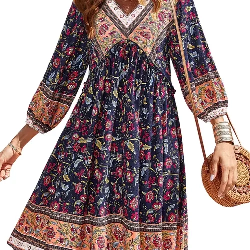 BTFBM Women Casual Spring Summer Dresses V Neck 3/4 Long Sleeve Ruffle Floral Flowy Boho Babydoll Mini Short Beach Dress