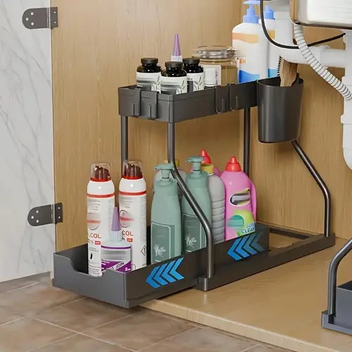 2-Tier Minimalist Under Sink Organizer with Slide-Open Drawers, Rust-Resist Metal & Plastic Storage Rack, Assembles in Minutes, Durable Bathroom Accessory to Maximize Vertical Space for Kitchen Cleaning Supplies