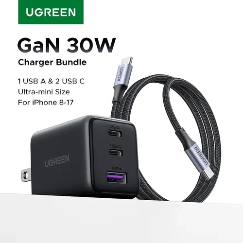 UGREEN Folding Multi-Port Cellphone Charger Set - PD30W 2C1A/PD20W 1C1A Type-C Adapter Bundle with Cable, Rapid Type-C Charger for iPhone 17/16 Pro Max, Smartphones
