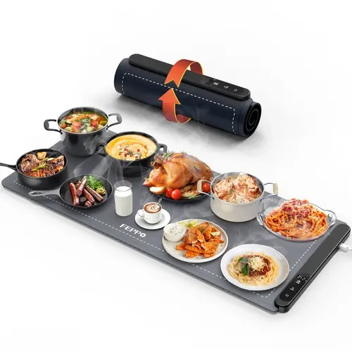 FEPPO Silicone Rectangular Roll-Up Food Warming Mat (35"x16" XXL) - Electric Food Warming Hot Trays with 19 Adjustable Levels, 6 Hours Timer, Even Fast Full-Surface Heating for Family, Holiday Use