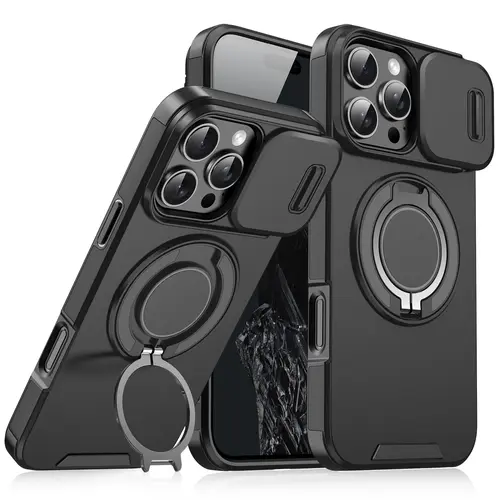 Case with Slide Camera Cover for iPhone 18 Pro Max 17 Air 16 15 14 13 12 Pro Max, Rotated Ring Kickstand Military Grade Shockproof Protective Cover Rugged Heavy Duty for Men Women
