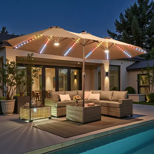 【Deals For You】Ovios 15FT Double-Sided Patio Umbrella with Dual Center Lights & 36 LED Solar Lights, Optional Coffee Table, Large Outdoor Market Umbrella with Crank Handle & Base Included for Deck, Pool & Backyard
