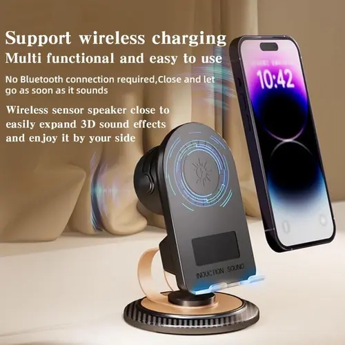 2026 New 4 In 1 Multifunctional Cordless Electronic Induction Wireless Rechargeable Speaker - 15W Wireless Charger, 360° Rotation Table Stand Phone Holder with Light, Bluetooth 5.3 Audio Accessory, 500mAh, for Smartphone