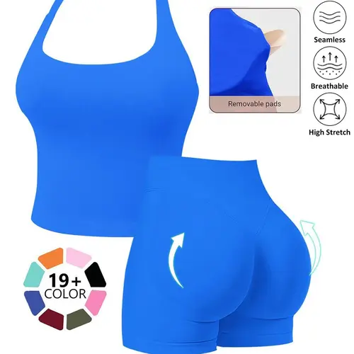Seamless Workout Sets for Women, Halter Tank Top & Gym Scrunched Shorts Sports Set, Sporty Breathable Quick Drying Outfits for Yoga Gym Workout Running, Ladies Sportswear for Summer