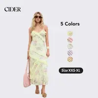 Cider Maxi Dress – Lace V-Neck Floral Ruffle Polyamide Stretch Romantic Women’s Summer Vacation Beach Party Gown, Floral Embroidery Slim Fit Long Dress for Spring Dealsforyou