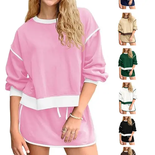 Fisoew Women's Loose 2-Piece Sweatsuit Set - Crewneck Drop-Shoulders Sweatshirt, High Waist Skorts with Built-In Shorts, Activewear Fitness Athletic Tracksuits, Workout Sets for Fall/Summer Loungewear, Athletic Activewear Tracksuits