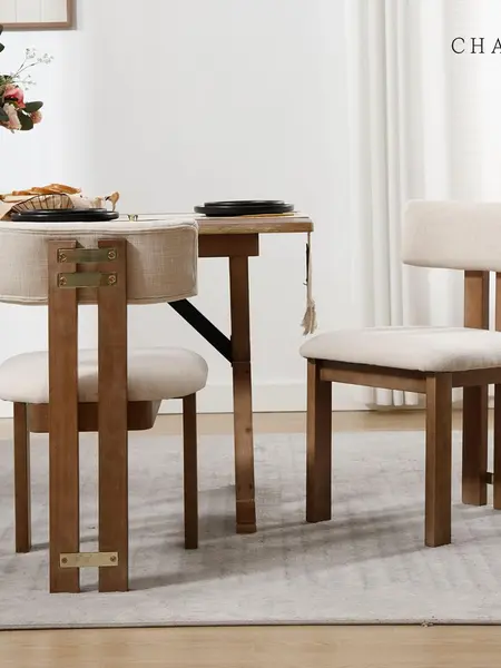 CHAIRUS Dining Chairs Set of 2  Modern Farmhouse Linen Upholstered Armless Accent Chairs with Curved Backrest and Natural Wood Legs  Beige Fabric Chairs for Dining Room  Kitchen  Living Room
