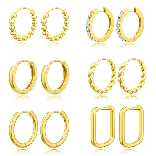 【Buy one earring, get six earrings】Tewiky 6 Pairs 14K Gold Plated Hoop Earrings Set for Women - 14K Gold Plated Hypoallergenic Huggie Hoops Earring Lightweight Chunky Open Earrings Trendy Jewelry Dainty Gift For Valentine's Day gifts