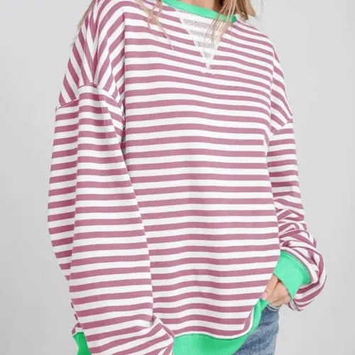 FISOEW Women's Striped Oversized Ribbed Round Neck Long Sleeve Color Block Sweatshirt - Matching, Comfortable, Fashion Cotton Casual Loose Pullover Y2K Womenswear