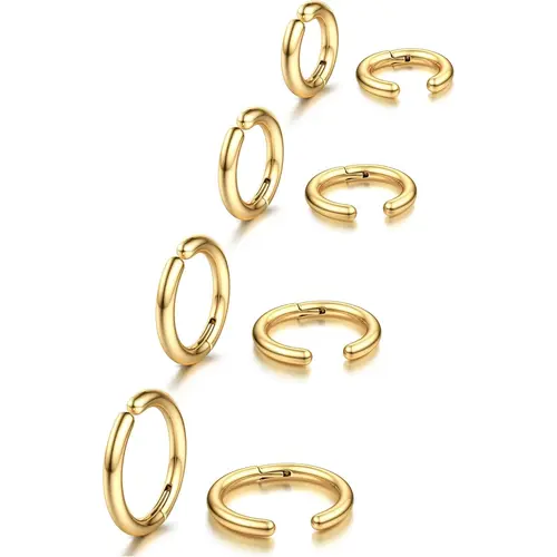 YADOCA Unisex 8-Piece Clip-On Earrings Set - 0.1" Thick Stainless Steel Fake Piercing Hoops, Hypoallergenic Secure Clip Fit, 0.39"-0.63" Sizes, Casual Daily Wear, Lasting Color Retention Gold Earrings for Gifting