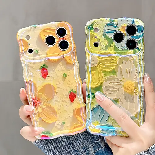 Colorful Retro Oil Painting Floral Case for iPhone 18 17 16 15 14 13 12 11 Pro Max ,Flower Pattern Cute Curly Wave Frame Phone Case Camera Protection, Soft Protective Cover for Girls & Women