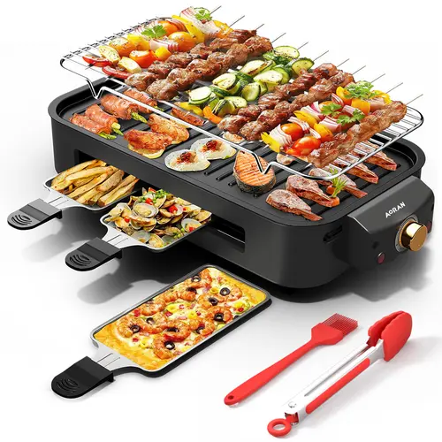 AORAN Indoor Smokeless Electric Korean Grill and Griddle - 1500W Tabletop Kitchen Appliance, Non-Stick Removable Plate, 5 Temp Control, Dishwasher Safe, 3 Mini Raclette Pans, Ideal for Apartment Home Use (Grill, Fry, Roast, Melt Functions)