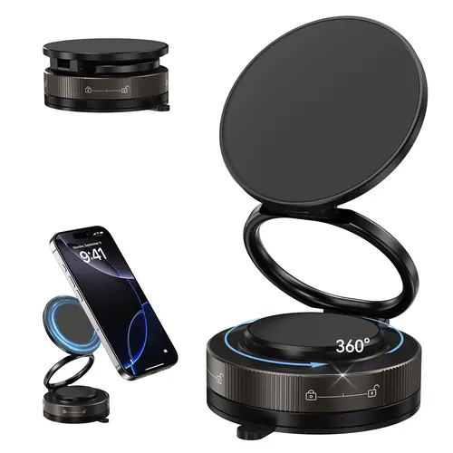 Magnetic Phone Mount for Car - MagSafe Vacuum Suction Cup, 360° Adjustable Foldable Pocket-Size Portable Holder, Universal Fit, 360 Degree Rotation Phone Holders & Mounts, MagSafe Adapters Included, Auto Gadgets
