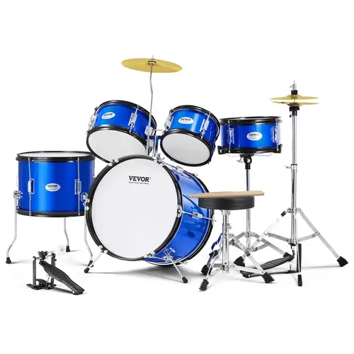 VEVOR Junior 5-Piece 16 in Percussion Drum Set for 6 to 13 Years Old, Poplar Wood Percussion Musical Instruments with Bass Drums, Snare, Floor Tom, Adjustable Throne, Cymbal, Hi-Hat Pedal, 2 Pairs Drumsticks, Blue, Enhances Physical Coordination