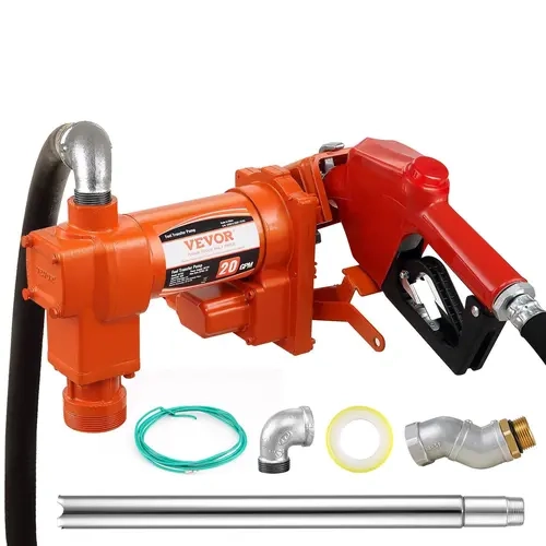 VEVOR Cast Iron Body Fuel Transfer Pump Full Kit, 12V DC 20 GPM 1/4 HP, 3000 r/min Auto Shutoff Nozzle, 13 ft Rubber Outlet Hose, Suction Pipe, PTFE Tape Roll, 26.2+ ft Head Lift for Gasoline, Kerosene, Ethanol-Methanol Blends, Handles Biodiesel Too