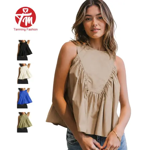Tanming Womens Ruched Pleated Tops Sleeveless High Neck Flowy Babydoll Blouse Casual Spring Summer Fall Work School Vacation Loungewear Outfits Clothing