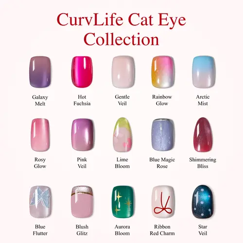 CurvLife Cat Eye Press-On Nails Collection | 30 Pcs | Magnetic Glow Styles, Glossy Salon-Quality Finish, Summervibes | Reusable Easy-Apply Nails for Trendy Everyday Looks