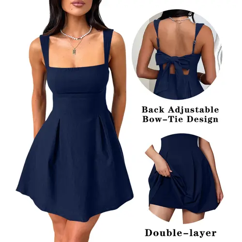 OYS Women's Sexy Sleeveless Square Neck Adjustable Straps Bow Tie A-line Mini Party Club Dress