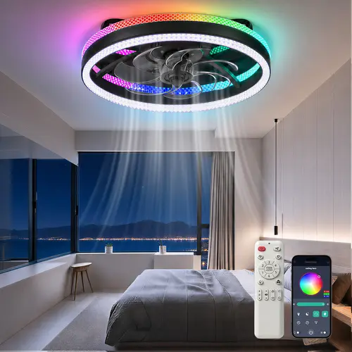 VALLERICO 19.7in Round RGB Sensory Light Flush Mount Modern 13 Series Ceiling Fan, 6-Speed Reversible Quiet Operation Motor, Remote & App Control, Dimmable LED, Sleek Design for Gamers, Bedroom, Gaming Room Decor,Black Friday