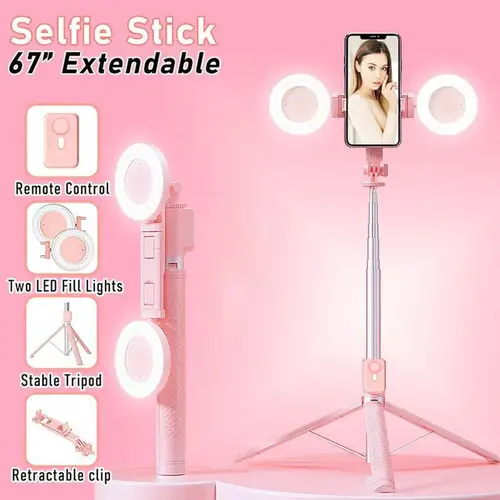 67" Ext. Multifunction Selfie Stick Tripod with Dual Fill Ring Light, 6-in-1 Wireless Bluetooth Remote, Smartphone Vlogging Equipment for iPhone+Android Use, Cool Gadgets for Adults Photo/Vlog Stand Gifts