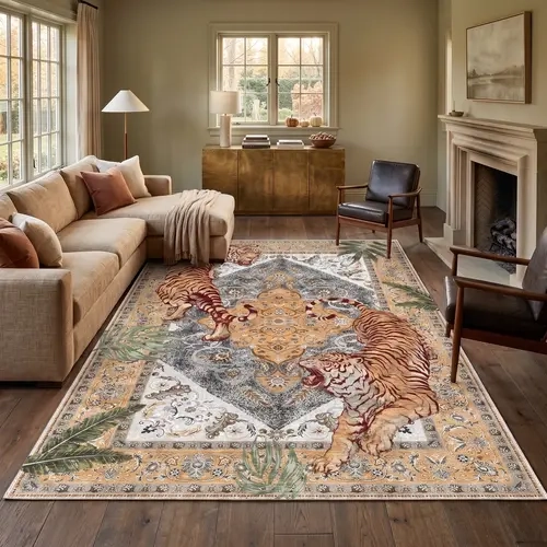 【YIHOUSE】Tiger Pattern Animal Printed Rug with Anti-Slip Backing - Forest Inspired, Wrinkle-Resistant, Fade-Resistant, Machine Washable, Dustproof Area Rug for Living Rooms, Bedrooms