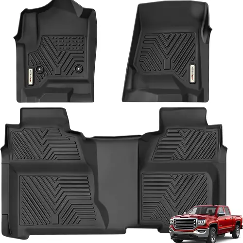 TPE Floor Mats fits 2014-2018 Chevy Silverado / GMC Sierra 1500 Crew Cab & 2015-2019 Chevy Silverado / GMC Sierra 2500HD/3500HD Crew Cab, Rows 1,2, All Weather, Waterproof