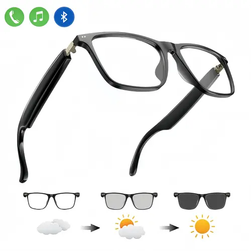 Wearable Tech Glasses with Built-in Wireless Earbuds - Auto-Tinting Polarized Blue Light Blocking Oval Lenses, Open-Ear Audio, Hands-Free Calling, Button Control, Music Player, Casual Plastic Frame, Android Compatible, Eye Care, Included Batteries