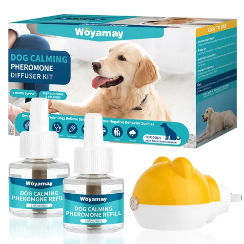 Woyamay Dog Calming Diffuser Kit - 1 Diffuser + 2 Refills, 6-in-1 Pheromone Solution, Heat-Enabled Liquid Bottle, Simple Plug-In Setup, No Fuss, Fragrance-Free for Mother Dogs’ Loneliness, Stress Relief, Barking Control (60+ Days Long-Lasting Support)