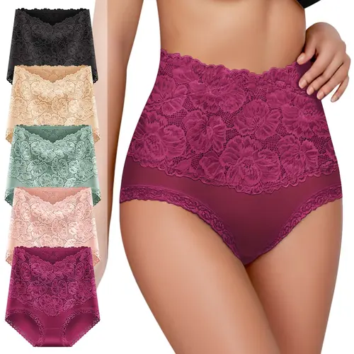 Morelect Women's Cotton Lace Trim Knickers - High Rise Panties, 5/7/10 Pcs Sets, Tight Tummy Underwear, Soft Breathable Solid Pastel, Casual Elegant Soft Panty, Year-Round Daily Wear