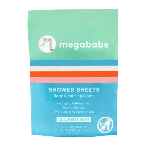 Megababe Cucumber Mint Refreshing Bath Shower Cleansing Sheets - Individually Wrapped Oversized Cloths for Adults, Cooling & Cleansing On-the-Go Use, with Hyaluronic Acid, Apricot Oil, Moisturizing, Replenishing, Paraben-Free, 10 Wipes (Pack of 1)