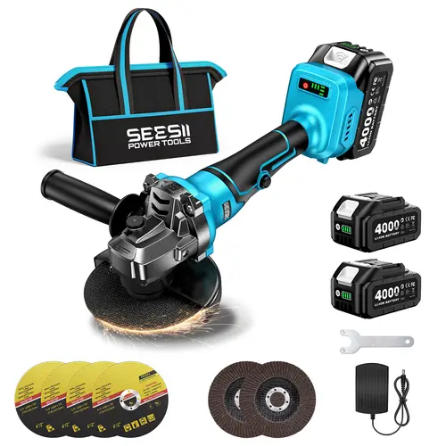 【SEESII】 Cordless Angle Grinding Machine Tool Kit Set, 4-1/2" Brushless Power Tools with 2x4.0Ah Batteries, 10000RPM Universal Cutting Discs & Wool Carving Wheel for Precision Cutting #fathersdaygift toolupgrade