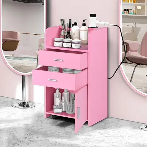 HOMBCK Commercial Salon Furniture Hair Stylist Station - Sturdy Modern Classic Wood Mobile Unit, 16.5''x13.6''x13'', 2 Drawer Storage Quiet Closing Less Noise Cabinet, Hard Rubber Castors, 2 Hair Dryer Holders, Storage Furniture