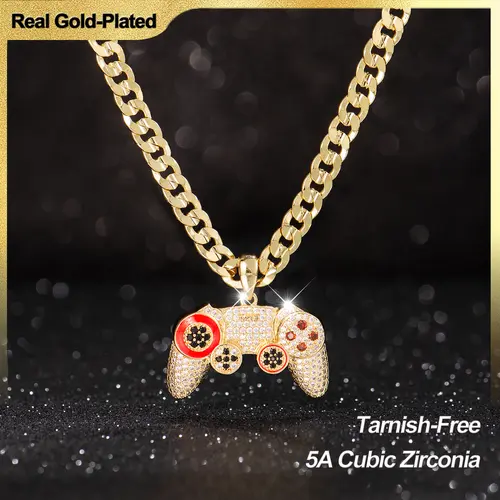 Holylegend 14K Real Gold-Plated Glossy Cubic Zirconia Game Controller Design Necklace (Sony-Inspired), 24" Cubanlink-Rope 2 Chain Styles, Unisex Adults' Hip Hop Gamer Jewelry for Daily Wear/Birthday Gift