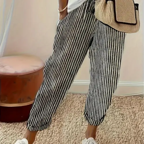 Women's Striped Print Pocket Elastic Waist Pants, Casual Comfy Trousers for Daily Wear, Ladies Bottoms for All Seasons, Womenswear, Casual Summer Bottoms, Casual Fashion Bottoms