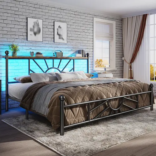 【Fall deals for you】Raybee Modern King/Queen Size Bed Frame, Sturdy Metal Bed Frame with Headboard & LED, NO MATTRESS,Spacious Under Bed Storage Space, Noise-Free, Easy Assembly, Modern Bedroom Furniture, 1300 lbs Capacity, Easy Assembly #Back to school