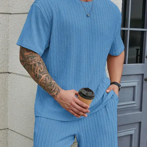 KZZ Men's 2-Piece Classic Plain Lounge Set - Casual Solid Textured Round Neck T-Shirt, Relaxed Fit Shorts for Spring Summer Outdoor Menswear Sets