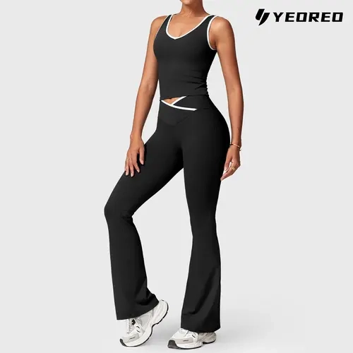 Yeoreo Women's Style Matching 2-Piece Workout Set - Contrast Trim, Crossed Waist, Racerback Top, Breathable Leggings, Casual Comfy Activewear for Yoga, Gym